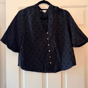 Zara Black Eyelet Button-Front Cropped Blouse
